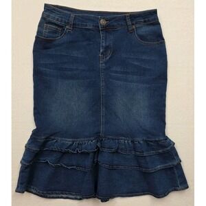 Be Girl Womens 24.5" Skirt Stretch Denim no slit RUFFLE Indigo Wash Sm Wiskers
